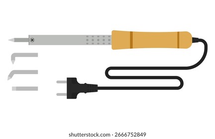 Ferramenta de ferro de solda com pontas intercambiáveis e alça de madeira. Ilustração vetorial plana para tutoriais de eletrônica, guias de reparo DIY e documentação técnica