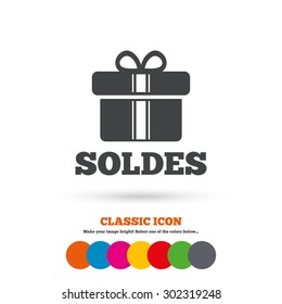 Soldes - "Sale" in French sign icon. Gift box with ribbons symbol. Classic flat icon. Colored circles. Vector