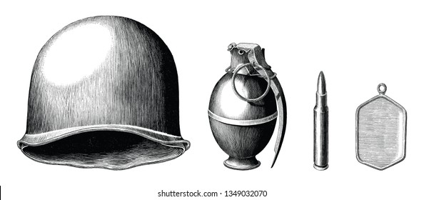 Soldier accessories set hand draw vintage style black and white clip art isolated on white background