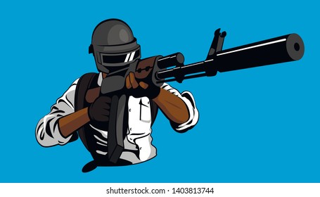 soldier aiming with a gun. Helmet weapon battle pubg. Isolated vector illustration. Man on battleground