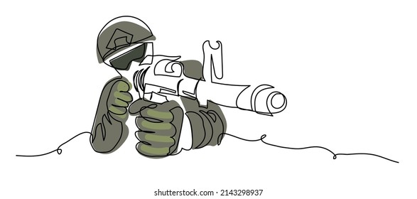 Apelación de soldados con una ilustración vectorial de rifle. Francotirador con un arma en las manos. Hombre militar con arma. Una línea continua de fondo de dibujo, pancarta, afiche de soldado.