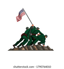 soldier american flag raising. patriotic symbol in cartoon illustration vector isolated in white background