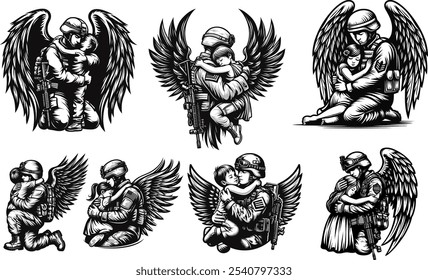 Soldier angel with wings hug kids and little girl, dad soldier angel
