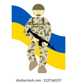 A soldier of the armed forces of Ukraine with a machine gun stands against the background of the blue-yellow flag of Ukraine. Russian invasion concept. Vector illustration