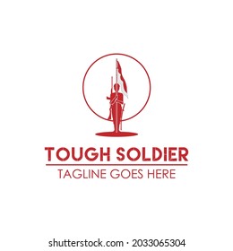 soldier armed military people standing   hold flag in spear for simple flat character independence day honor tribute logo design vector icon