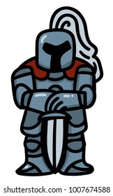 soldier in armor, leaning on the sword