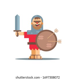 Soldier in armor with shield. Game character, vector isolated illustration. Flat cartoon style