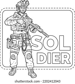 Soldier Army Artline Occupations Career Jobs Vector Illustration For Kids Coloring Book