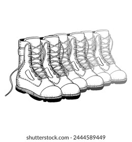 Soldier army boots in a row hand drawn black and white vector illustration for military, combat or camping and hiking designs. Brutal footwear and infantry shoes