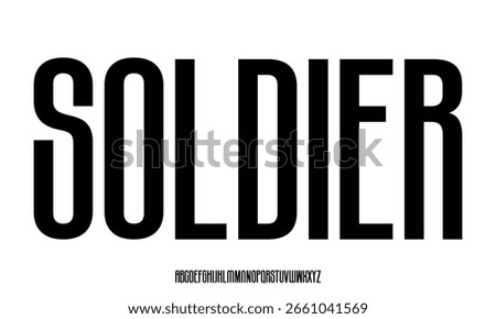 SOLDIER ARMY font isolated. Extra condensed alphabet. High narrow letters. Long and slim font. UppercaseVector illustration