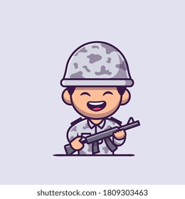 Ejército Soldado Con Ilustración Del Icono Del Vector De Caricatura De Las Armas. Vector Premium Aislado De Icono De La Profesión De La Gente. Estilo de dibujo plano