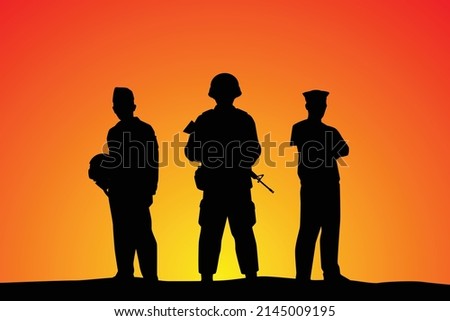 Soldier with army navy and air force sunset silhouette background, people design vector illustration.