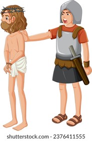 A soldier is being pushed from behind by Jesus in a vector cartoon style