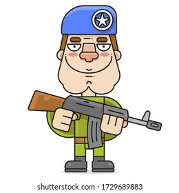 Soldat in einem Beret und Maschinengewehr auf weißem Hintergrund