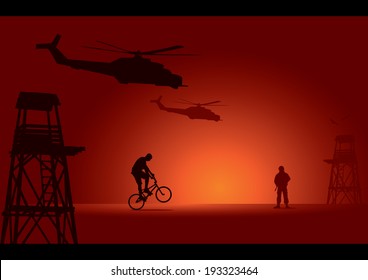Soldier and biker with watchtower