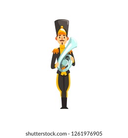 Soldier in black uniform playing french horn, member of army military band with musical instrument vector Illustration on a white background