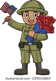 Soldier Bouquet and Flag Cartoon Colored Clipart 