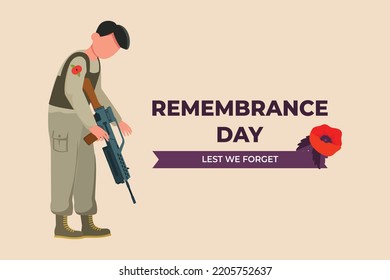 Soldier bow their heads to respect the remembrance day. Remembrance day concept. Flat vector illustrations isolated. 