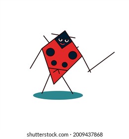 Soldado luchador de bichos. Puntos negros sobre un fondo rojo. Escarabajo bombero. Caricatura de ninja. El insecto es rojo.