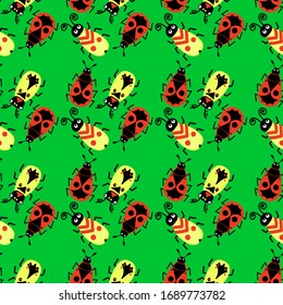 Soldier bugs.Vector pattern with insect beetles on a green background for textiles, fabric, packaging paper, background, Wallpaper.