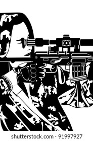 Soldier in camouflage looking through the scope sniper rifle. Black and white illustration.