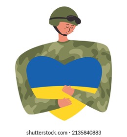 Soldier in camouflage uniform and helmet hugging heart with Ukrainian flag, flat vector illustration isolated on white. Man fighting and praying for peace in Ukraine during war time.