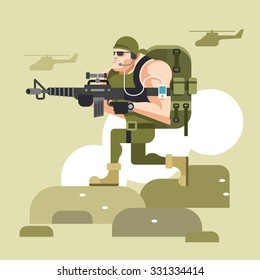 Soldier in camouflage uniform. Vector flat illustration