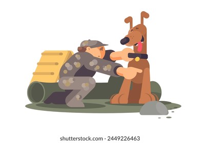 Soldier Canine Companionship, vector illustration. Depicts military bond and teamwork.