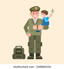 Soldier Carrying Children, Soldier Coming Home From Duty Illustration Vector