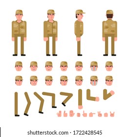 Soldier Character Creation Kit. Create Your Own Pose, Action, Animation. Minimal Design Vector Illustration