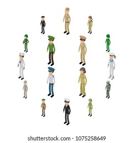 Soldier character icons set. Isometric illustration of 16 soldier character vector icons for web