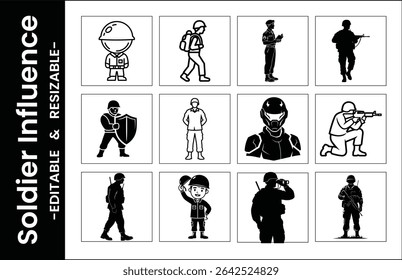 Iconos De Vector De Personaje De Soldado En Varias Poses Uniformes Y Estilos Ilustración En Blanco Y Negro