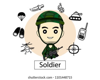 Soldier character vector illustration with set icons