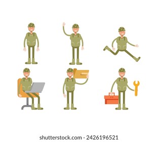 personajes de soldado en varias poses vector conjunto