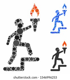 Soldier climbing with torch mosaic of circle elements in different sizes and color tones, based on soldier climbing with torch icon. Vector circle elements are combined into blue collage.