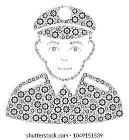 Soldier collage of cogwheels. Vector tooth gear icons are composed into soldier figure.