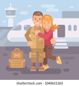Soldier coming home from deployment. Happy girlfriend hugging a soldier in the airport. Military reunion flat illustration background