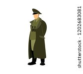 the soldier commander is in a cloak or overcoat with binoculars on his chest, hands behind his back. Drawing, vector. Green.