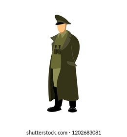 the soldier commander is in a cloak or overcoat with binoculars on his chest, hands behind his back. Drawing, vector. Green.