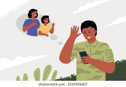 The soldier communicates with his wife and child via smartphone. The concept of online interaction when the partner is serving in the army.