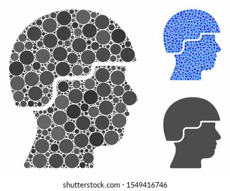 Soldier composition of filled circles in different sizes and color tones, based on soldier icon. Vector filled circles are grouped into blue mosaic. Dotted soldier icon in usual and blue versions.
