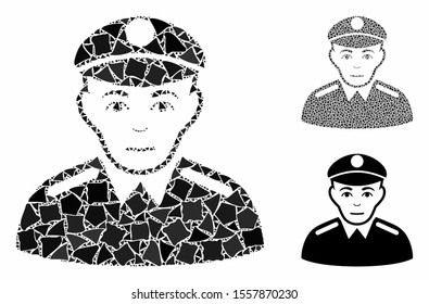 Soldier composition of unequal elements in different sizes and color hues, based on soldier icon. Vector joggly elements are combined into collage. Soldier icons collage with dotted pattern.