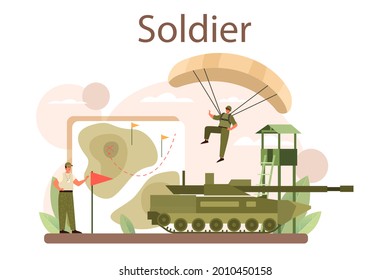Soldat-Konzept. Millitärkraft-Mitarbeiter in Tarnung mit einer Waffe. Ausrüstung und Technologie der Armee. Kriegsstrategie und Taktik. Einzelne flache Vektorgrafik