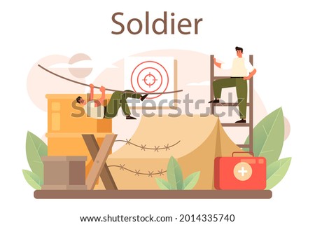 Soldier concept. Millitary force employee in camouflage with a weapon. Army equipment and technology. War strategy and tactic. Isolated flat vector illustration