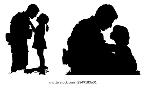 Soldier and Daughter Silhouette, Heartfelt Reunion or Farewell Concept