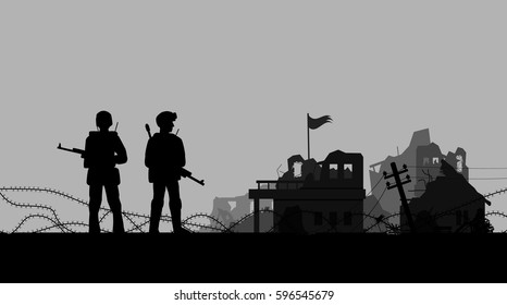 Soldier and destroyed city by war. silhouette vector