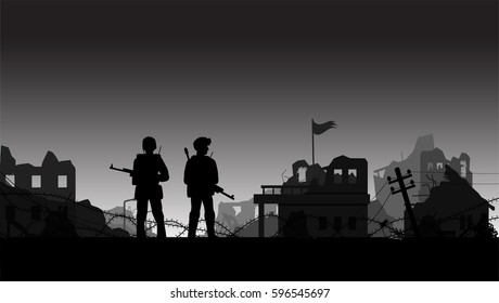 Soldier and destroyed city by war. silhouette vector