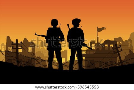 Soldier and destroyed city by war with sunset,sunrise sky. silhouette vector,  