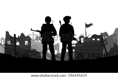 Soldier and destroyed city by war. silhouette vector,  isolated on white background