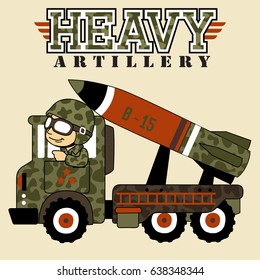 a soldier driving missile launcher truck, vector cartoon illustration